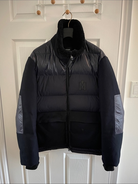 Mackage Other - 💯 Authentic Mackage Navy Mixed Media Down Bomber Jacket w/ Shearling Collar